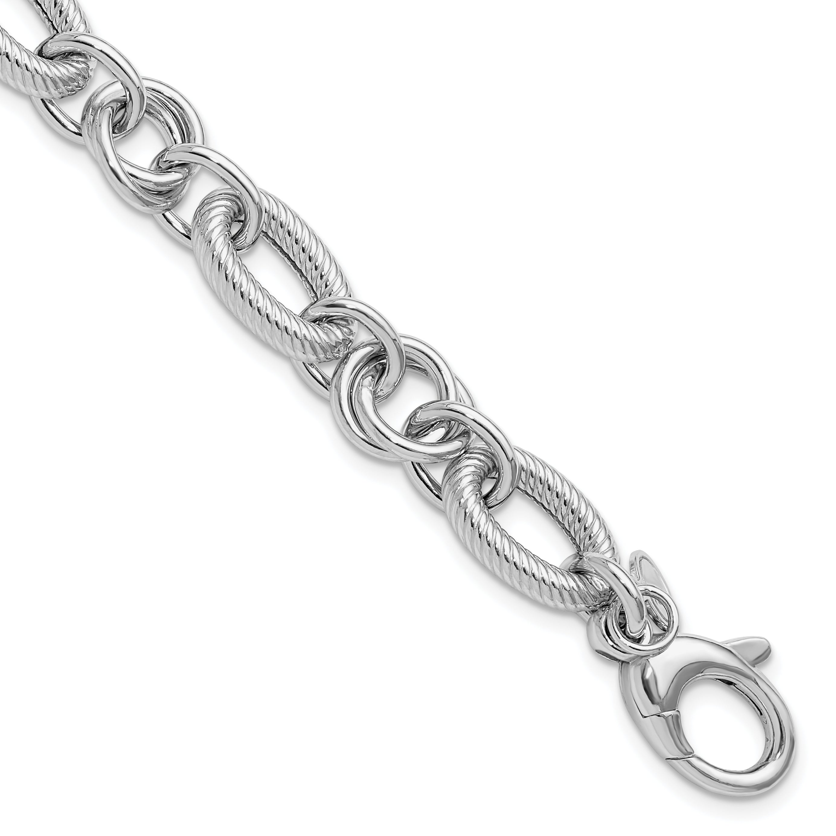 SSRhodium-Rhodium-Plated Polished/Textured Fancy Link w/.25in ext. Bracelet