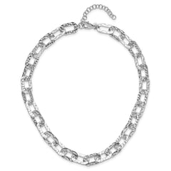 Sterling Silver Rh-plat Polish/Hammered Fancy w/2in ext. Necklace