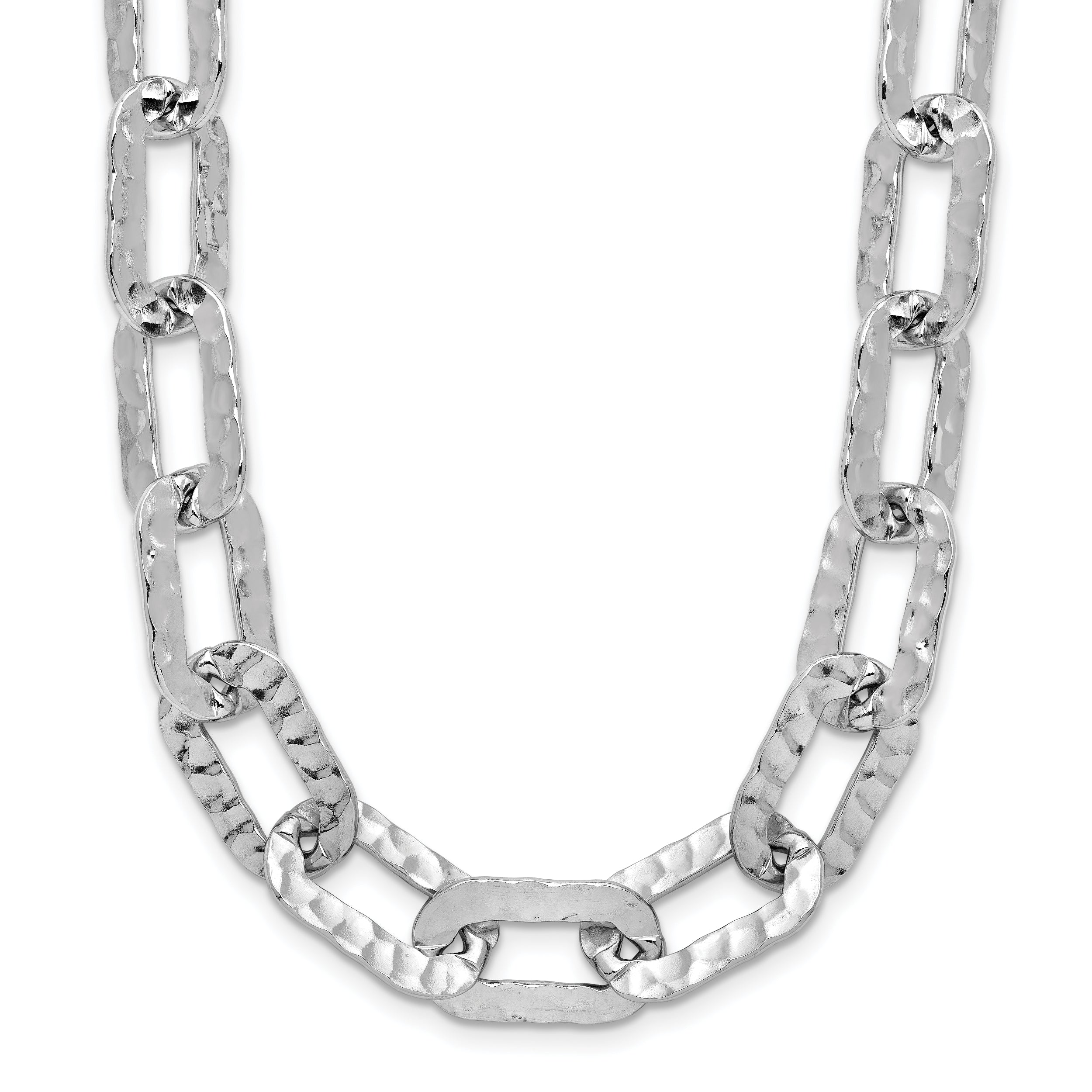 Sterling Silver Rh-plat Polish/Hammered Fancy w/2in ext. Necklace
