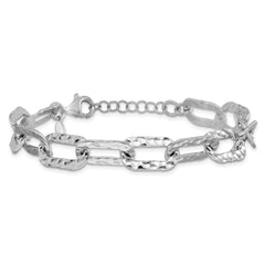 Sterling Silver Rh-pl Polished/Hammered Fancy w/1in ext. Bracelet