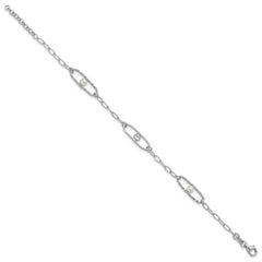 Sterling Silver Rh-plated CZ and Crystal Pearl w/1in ext. Bracelet