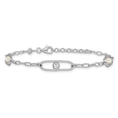 Sterling Silver Rh-plated CZ and Crystal Pearl w/1in ext. Bracelet