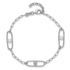 Sterling Silver Rh-plated CZ and Crystal Pearl w/1in ext. Bracelet