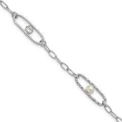 Sterling Silver Rh-plated CZ and Crystal Pearl w/1in ext. Bracelet