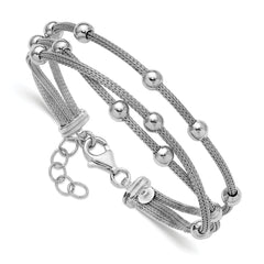 SS RH-plated Polished 3-strand Bead w/1in ext. Bracelet
