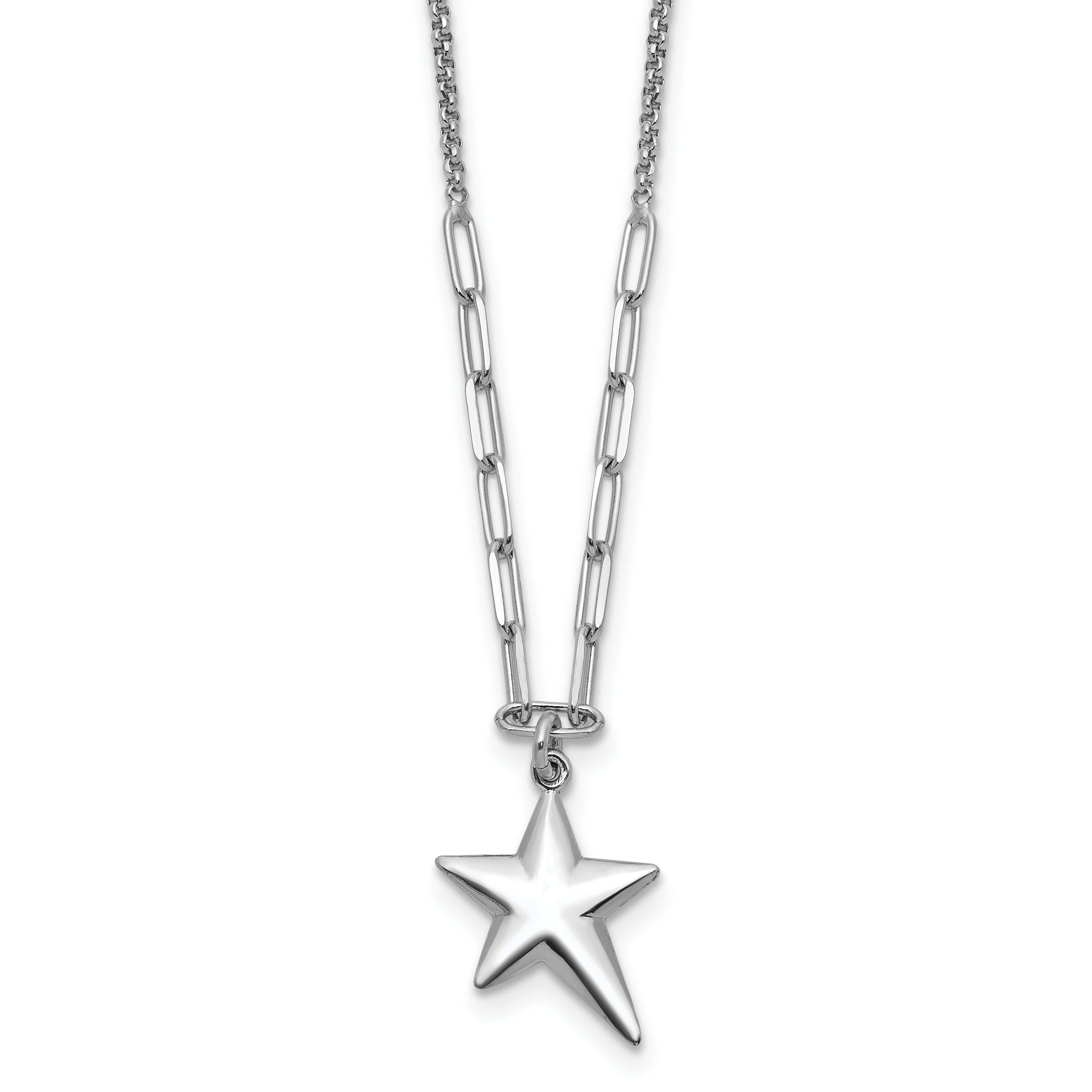 SS RH-plated Polished Star Pendant w/1.25in ext. Necklace