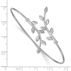 SS Rhodium-plated Polished CZ Leaf Bypass Flexible Cuff Bangle