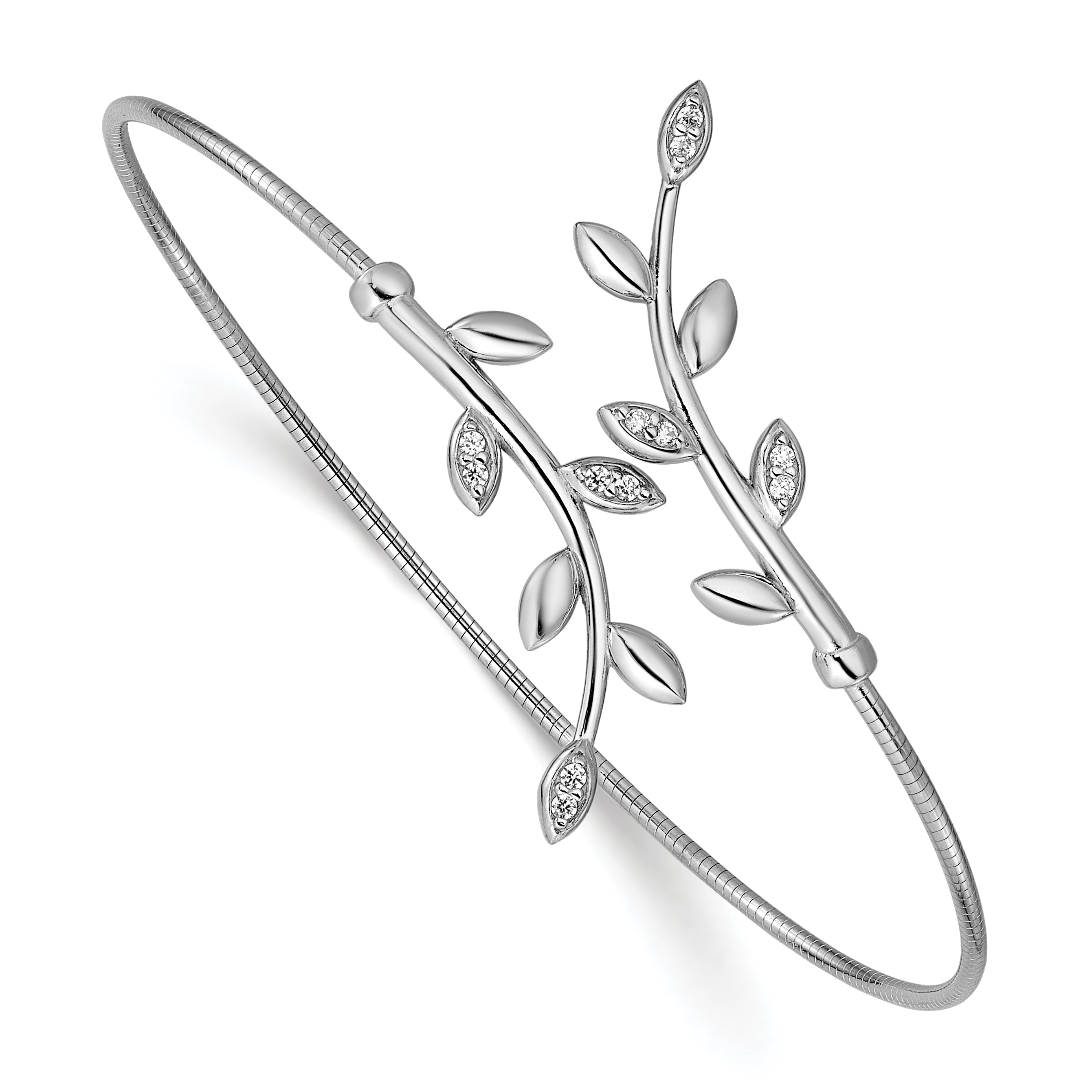 SS Rhodium-plated Polished CZ Leaf Bypass Flexible Cuff Bangle
