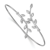 SS Rhodium-plated Polished CZ Leaf Bypass Flexible Cuff Bangle