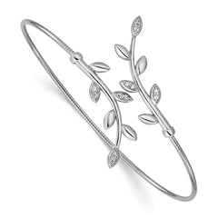 SS Rhodium-plated Polished CZ Leaf Bypass Flexible Cuff Bangle