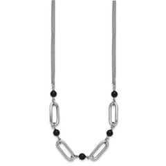 SS RH-pltd Black Glass Pearl 2-Strand Link w/2in Ext Necklace