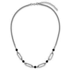 SS RH-pltd Black Glass Pearl 2-Strand Link w/2in Ext Necklace