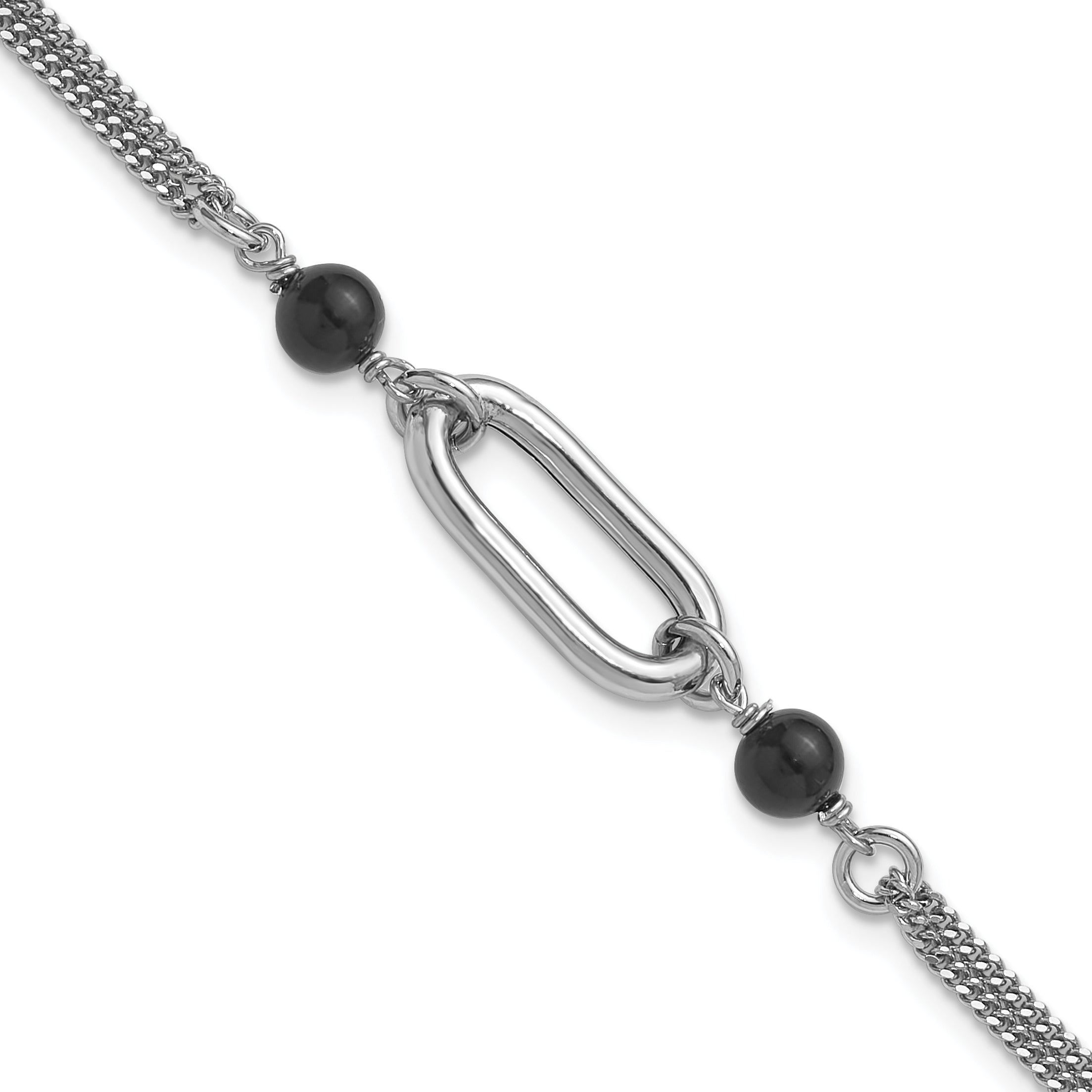 SS RH-pltd Black Glass Pearl 2-Strand Link w/1in Ext Bracelet