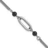 SS RH-pltd Black Glass Pearl 2-Strand Link w/1in Ext Bracelet
