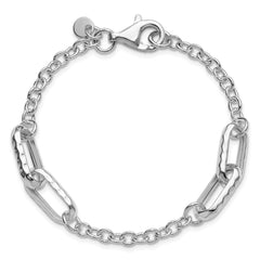 Sterling Silver RH-plated Polished and Hammered Link Bracelet
