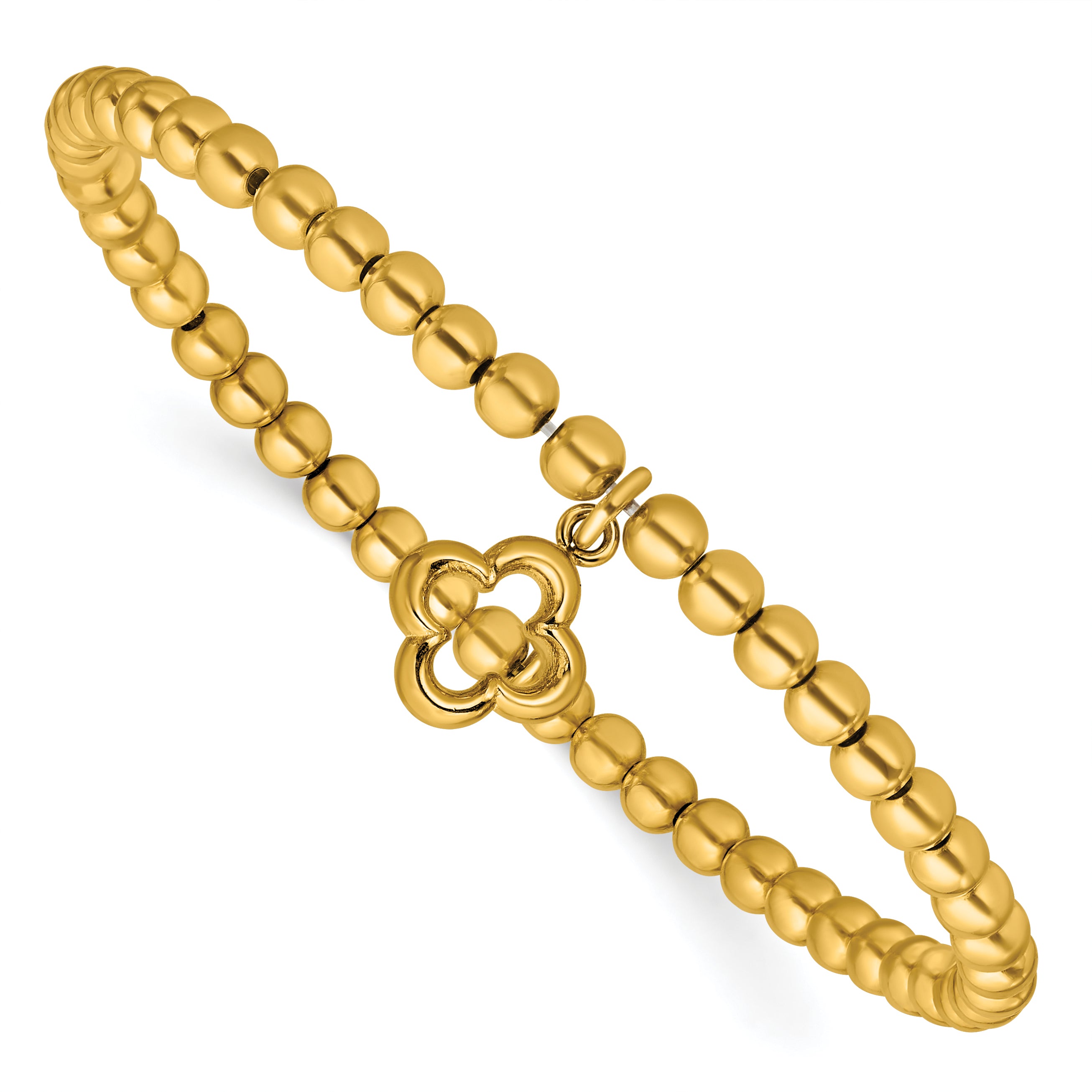 Sterling Silver Gold-tone Polished Beads w/Charm Stretch Bracelet