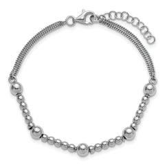 Sterling Silver RH-plt Pol. 2-strand Beaded w/1in ext. Bracelet