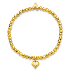 Sterling Silver Gold-tone Pol. Heart Beaded Stretch Bracelet