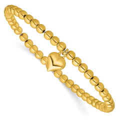 Sterling Silver Gold-tone Pol. Heart Beaded Stretch Bracelet