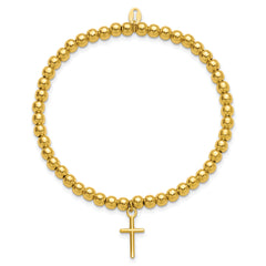 Sterling Silver Gold-tone Pol. Cross Beaded Stretch Bracelet