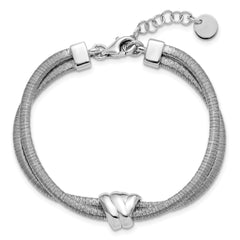 SS Rh-plt Polished/Textured 2 Strand Wrapped Knot w/1in ext. Brace