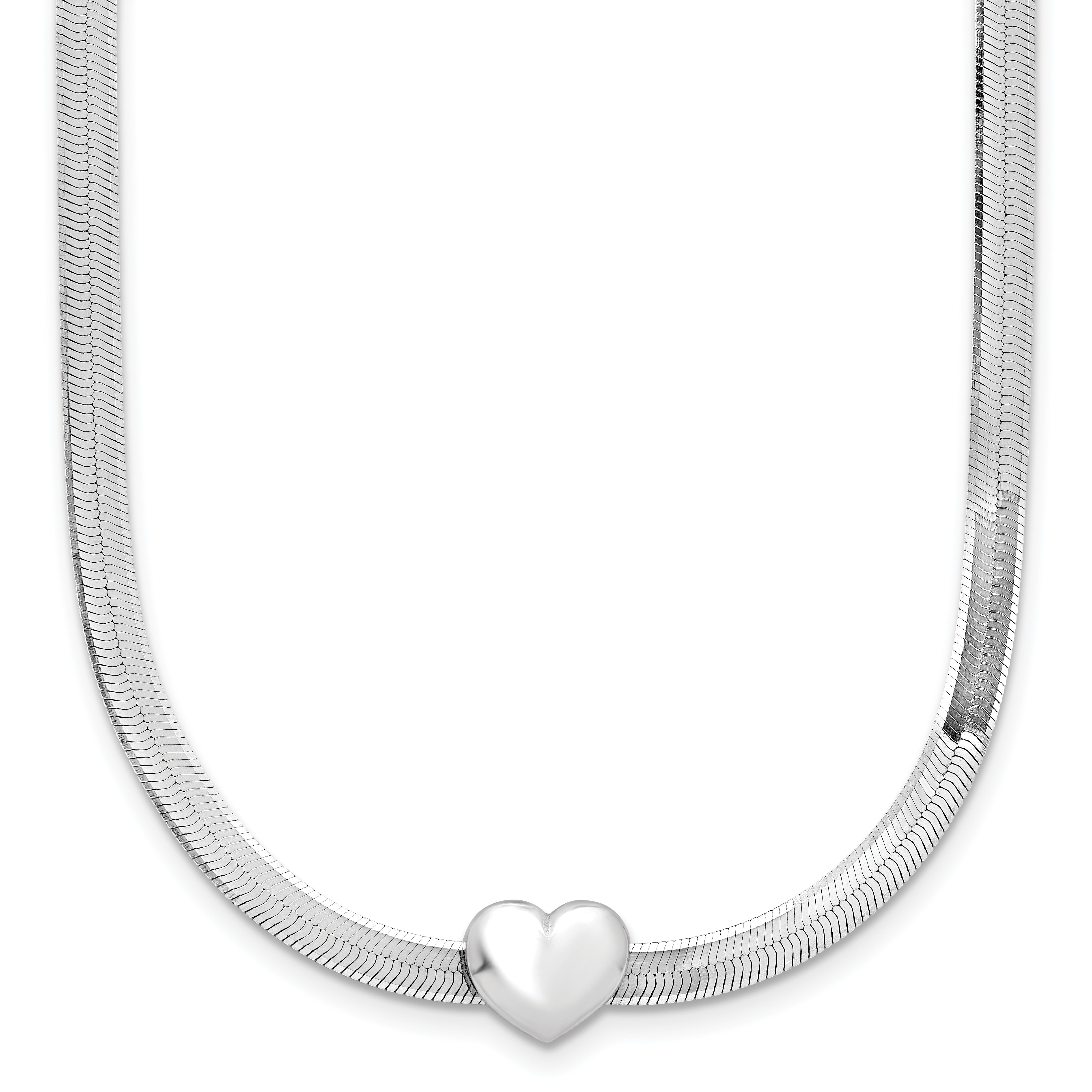 Sterling Silver RH-plated Polished Heart Herringbone w/ 2in ext. N