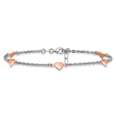 Sterling Silver Rhodium and Rose Gold-plated Heart  9 inch Plus 1 inch Extender - Total 10 inch Anklet