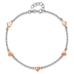 Sterling Silver Rhodium and Rose Gold-plated Heart  9 inch Plus 1 inch Extender - Total 10 inch Anklet
