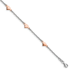 Sterling Silver Rhodium and Rose Gold-plated Heart  9 inch Plus 1 inch Extender - Total 10 inch Anklet