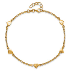 Sterling Silver Gold-plated Heart 5-Station 9 inch Plus 0.5 inch Extender - Total 9.5 inch Anklet