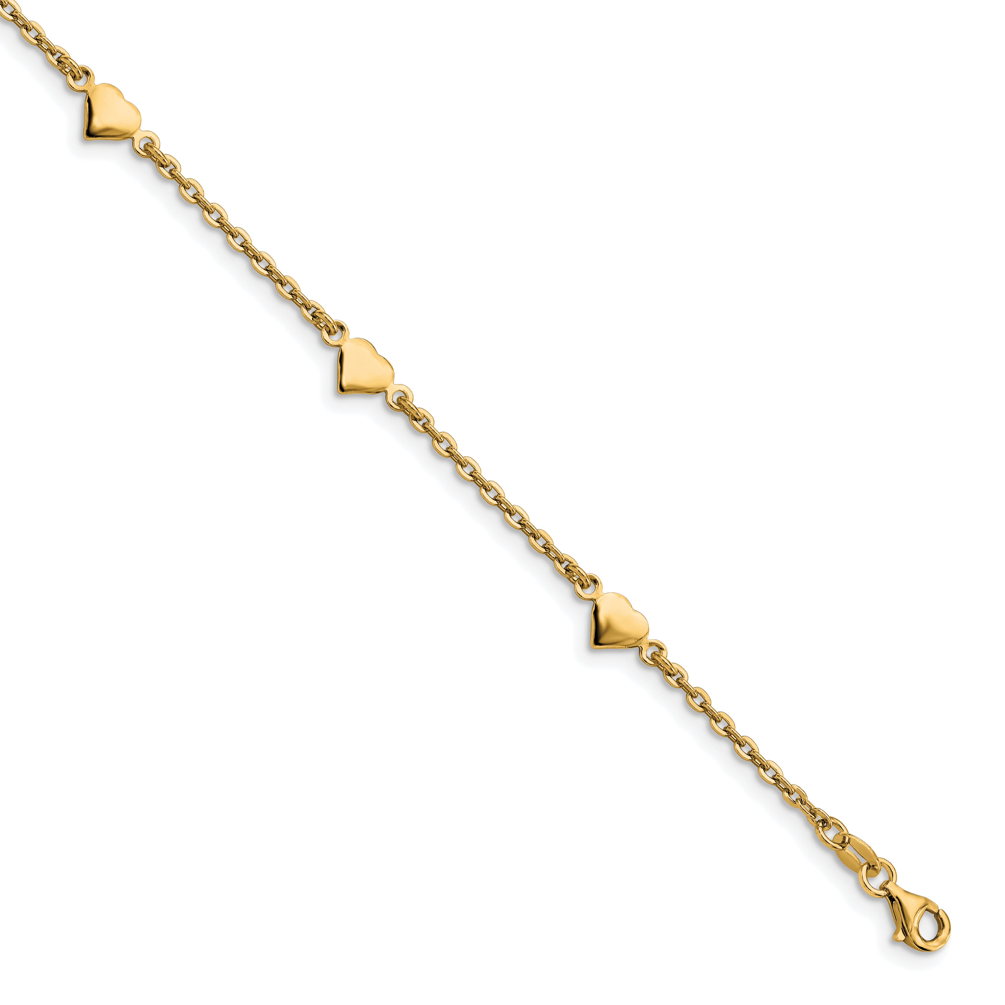 Sterling Silver Gold-plated Heart 5-Station 9 inch Plus 0.5 inch Extender - Total 9.5 inch Anklet