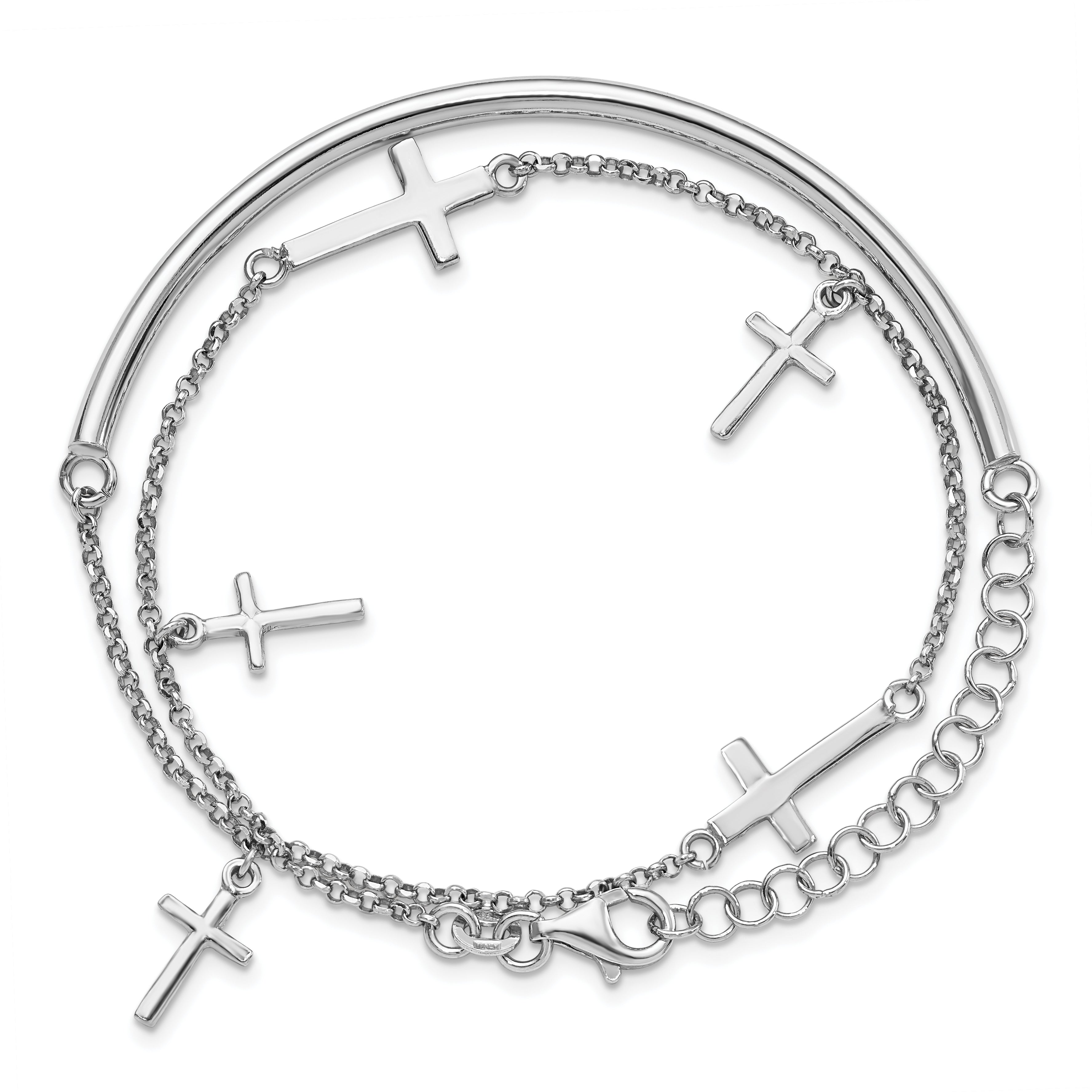 Sterling Silver Rhodium-Plated-plt Polished Crosses With 2 Inch Extention. Wrap Bracelet