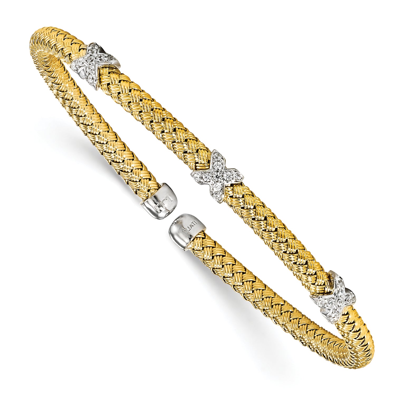 Sterling Silver Rhodium-Rhodium-Plated and Gold-plated CZ Woven Cuff
