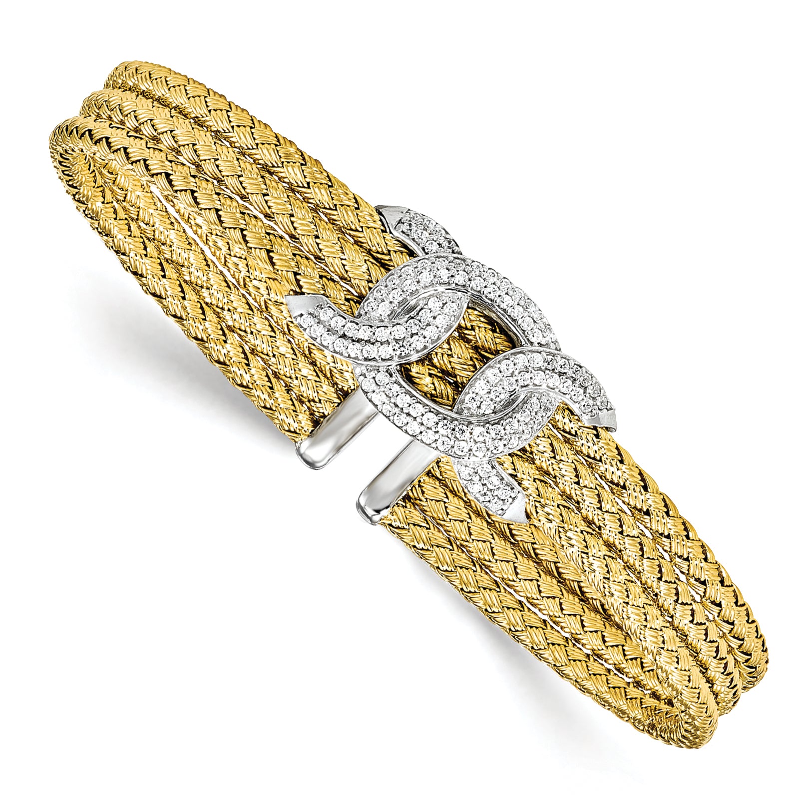 Sterling Silver Rhodium-Rhodium-Plated and Gold-plated CZ Woven Cuff