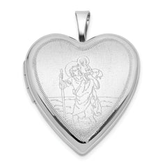 Sterling Silver Rh-plate Polished/Satin St. Christopher 20mm Heart Locket