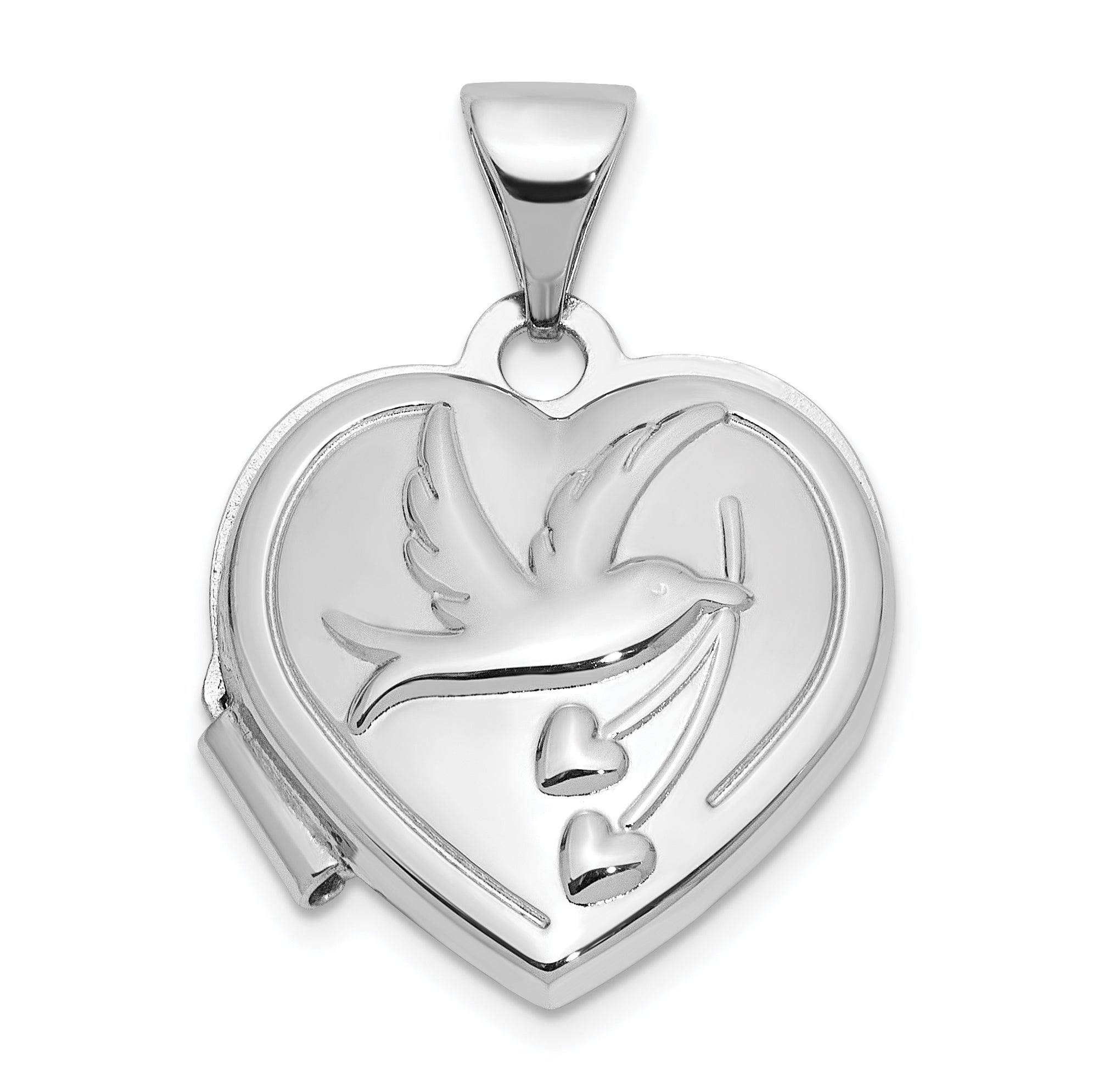 Sterling Silver Rhodium-Plated 15mm Dove Together forever Reversible Heart Locket