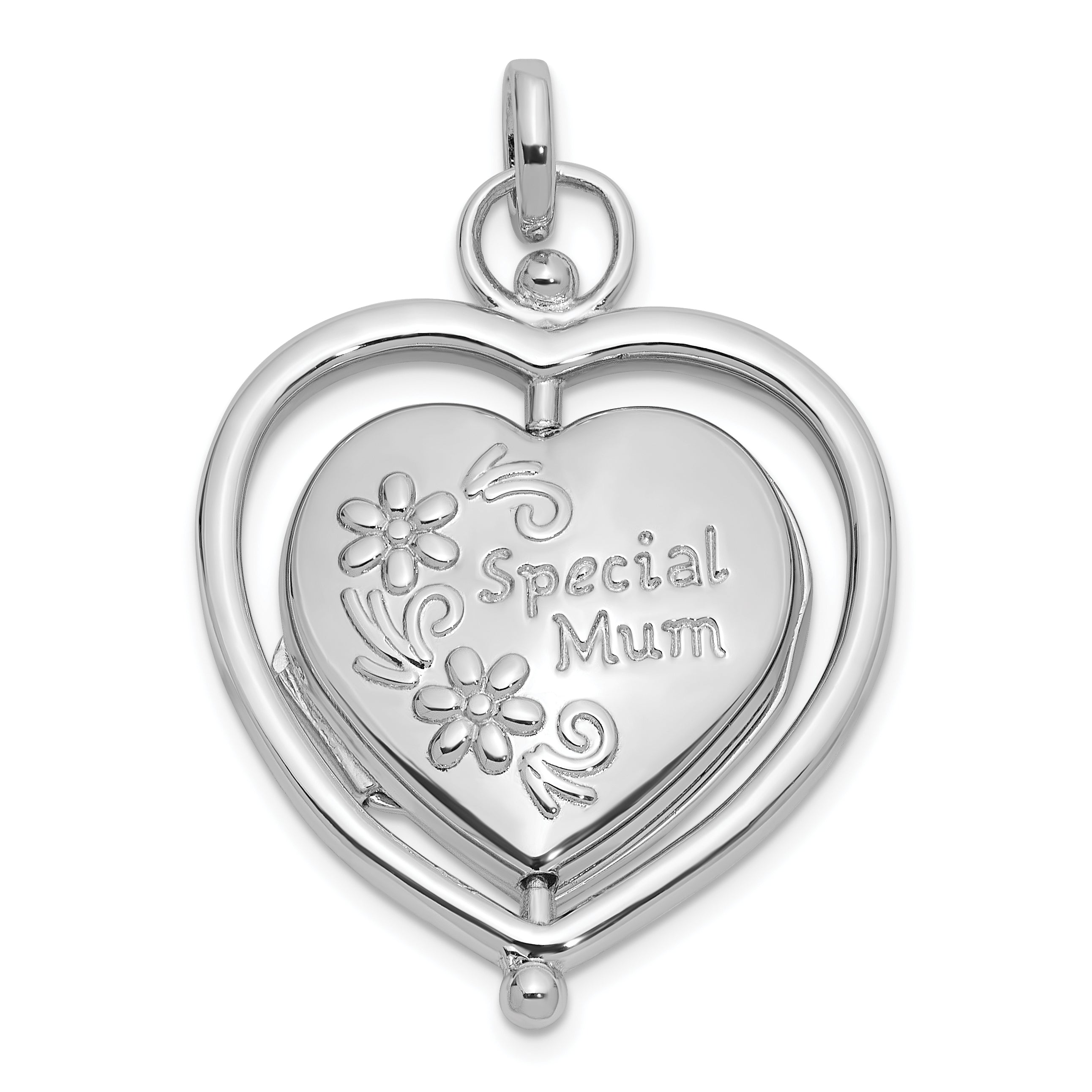 Sterling Silver Rhodium-Plated Floral Special Mom Reversible/Moveable Heart Locket