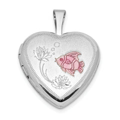 Sterling Silver Rhodium-plated Epoxy Satin Polished Fish 16mm Heart Locket