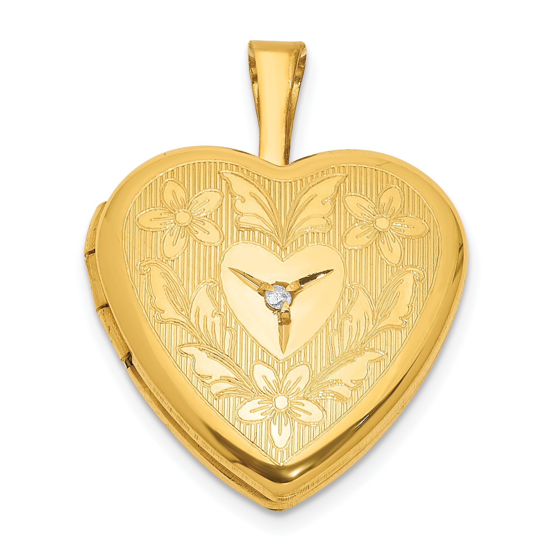 1/20 Gold Filled Polished & Textured Diamond 16mm Floral Heart Locket