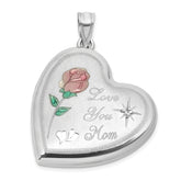 Sterling Silver Rhodium-plated Brushed 1/20 carat Diamond Pink and Green Enameled Rose LOVE YOU MOM 24mm Heart Locket