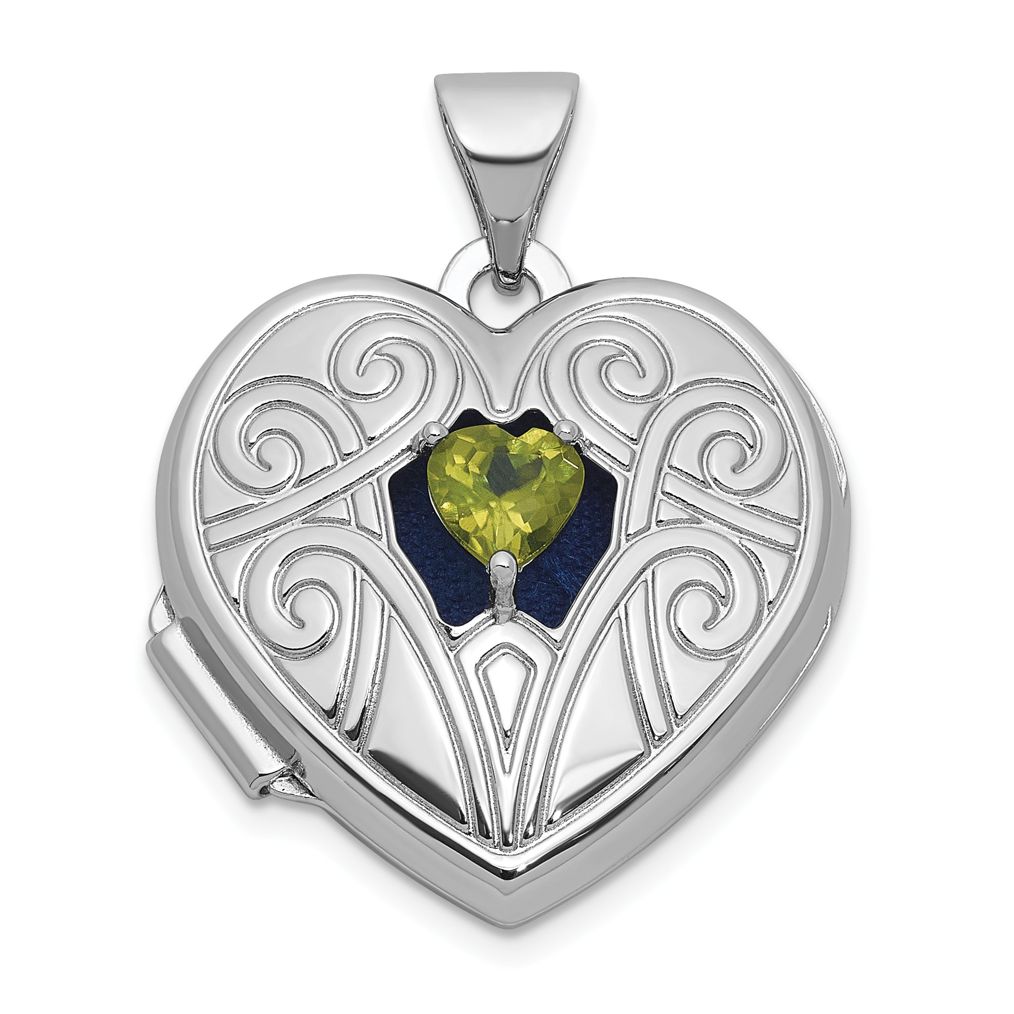 Sterling Silver Rhodium-plated Peridot August Birthstone 18mm Heart Locket
