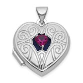 Sterling Silver Rhodium-plated Lab Created Ruby July Birthstone 18mm Heart Locket