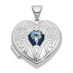 Sterling Silver Rhodium-plated Aquamarine March Birthstone 18mm Heart Locket