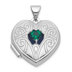 Sterling Silver Rhodium-plated Lab Created Emerald May Birthstone 18mm Heart Locket