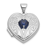Sterling Silver Rhodium-plated Lab Created Sapphire September Birthstone 18mm Heart Locket