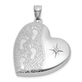 Sterling Silver Rhodium-plated Brushed And Polished 1/20 carat Diamond Foot Prints 24mm Heart Locket