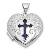 Sterling Silver Rhodium-plated Open Cross with Blue Fabric Interior 18mm Heart Locket