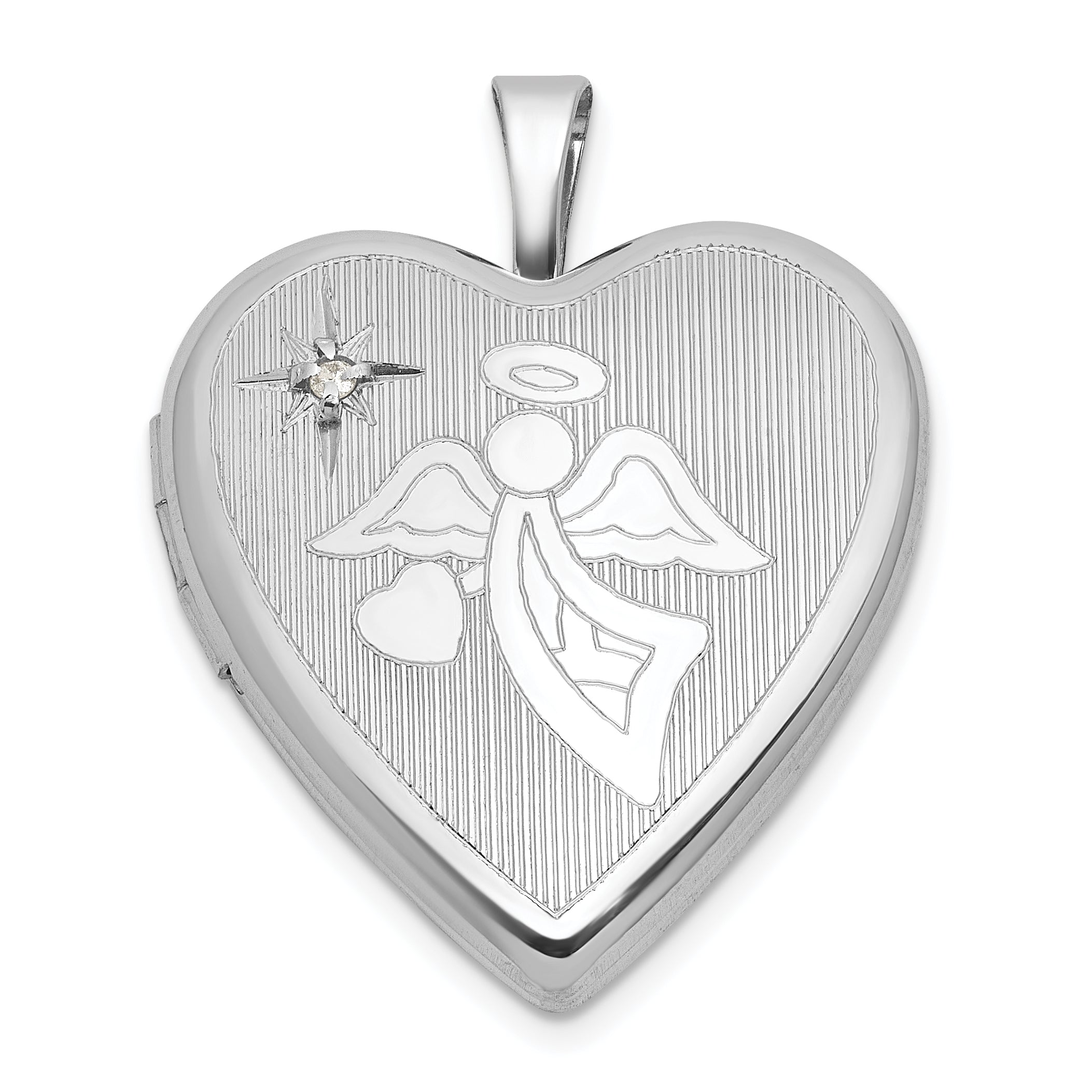 Sterling Silver Rhodium-plated Brushed And Polished 1/20 carat Diamond And Angel 20mm Heart Locket