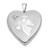 Sterling Silver Rhodium-plated Brushed And Polished 1/20 carat Diamond And Angel 20mm Heart Locket