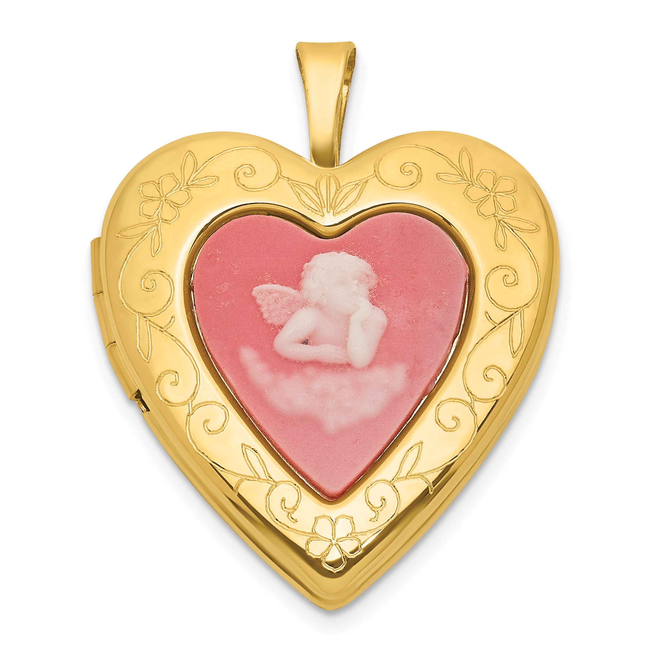 Sterling Silver Gold-plated Polished Front/Brushed Back Pink Angel Resin Cameo 20mm Heart Locket